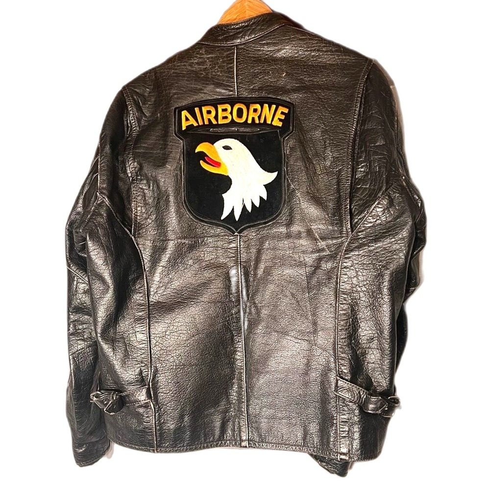 Mens Black Leather Motorcycle Jacket 101st Airborne‎ Patch